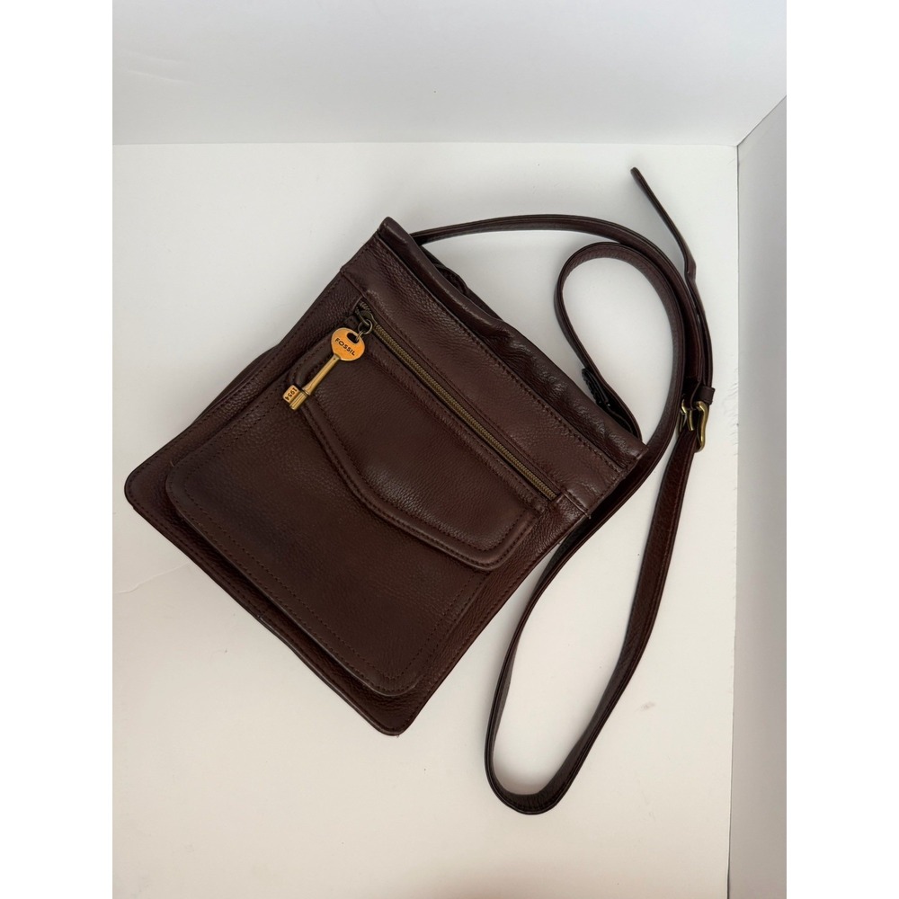 Fossil 1954 Chocolate Dark Brown Leather Crossbody Bag Purse 75082 Key Charm Y2K